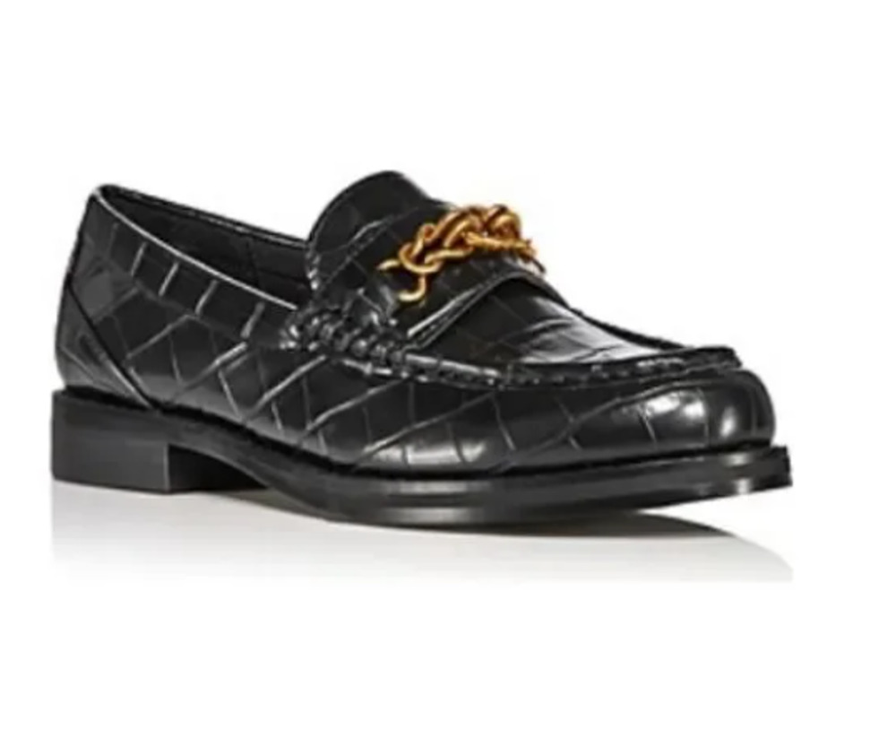 AQUA Perle Shoes Women's SZ 6 Black Croc Embossed Loafer Gold Chain Slip On